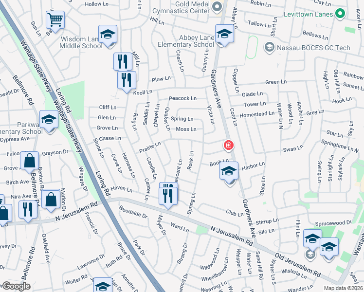 map of restaurants, bars, coffee shops, grocery stores, and more near 7 Crescent Lane in Levittown