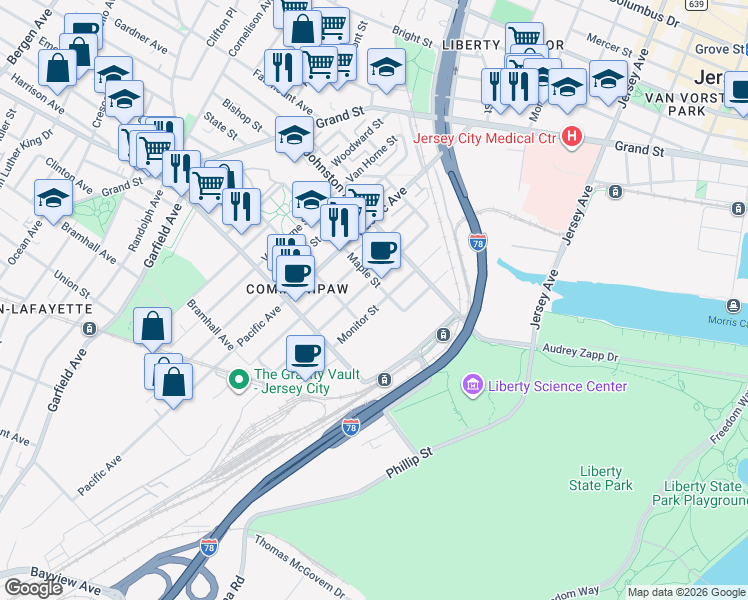 map of restaurants, bars, coffee shops, grocery stores, and more near 248 Pine Street in Jersey City