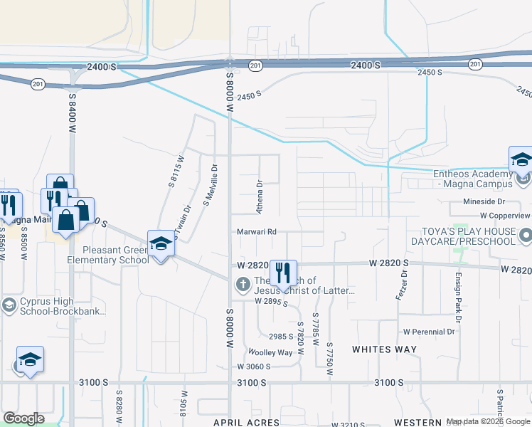 map of restaurants, bars, coffee shops, grocery stores, and more near 2677 Athena Drive in Magna