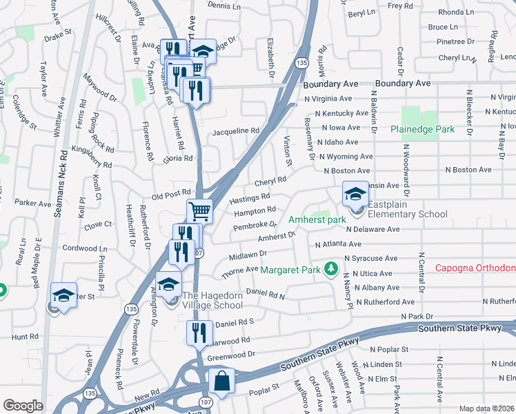 map of restaurants, bars, coffee shops, grocery stores, and more near 16 Hampton Road in Massapequa