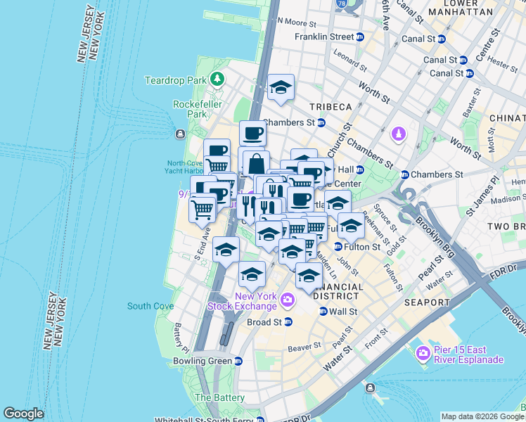 map of restaurants, bars, coffee shops, grocery stores, and more near 1 Albany Street in New York