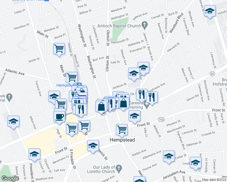 map of restaurants, bars, coffee shops, grocery stores, and more near 152 Clinton Street in Hempstead