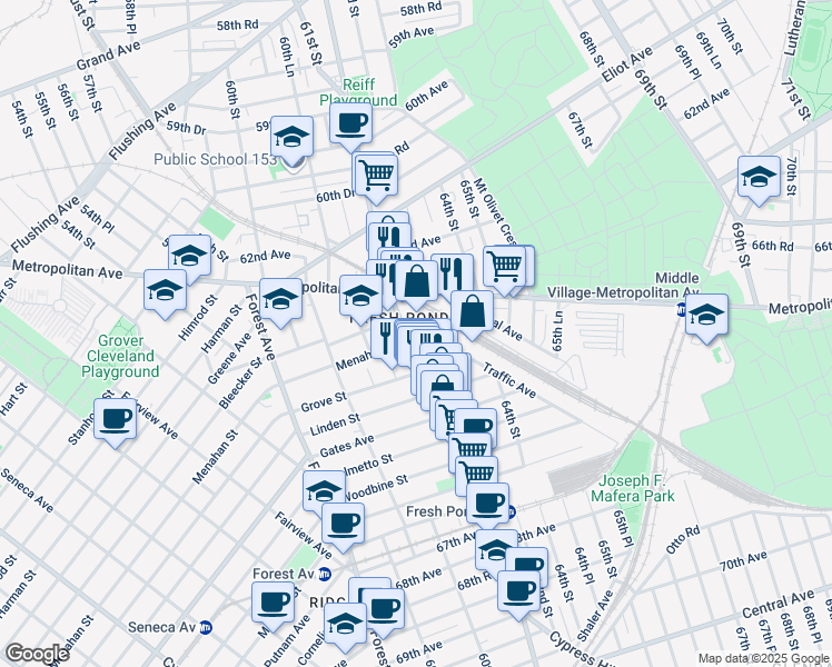 map of restaurants, bars, coffee shops, grocery stores, and more near 63-35 Fresh Pond Road in Queens