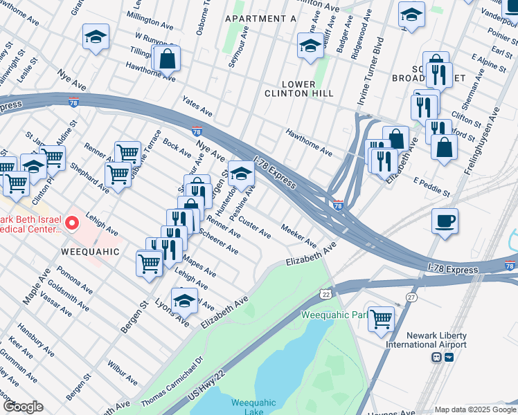 map of restaurants, bars, coffee shops, grocery stores, and more near 323 Meeker Avenue in Newark