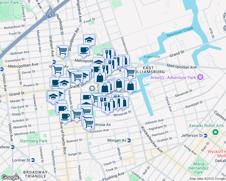 map of restaurants, bars, coffee shops, grocery stores, and more near 315 Ten Eyck Street in Brooklyn