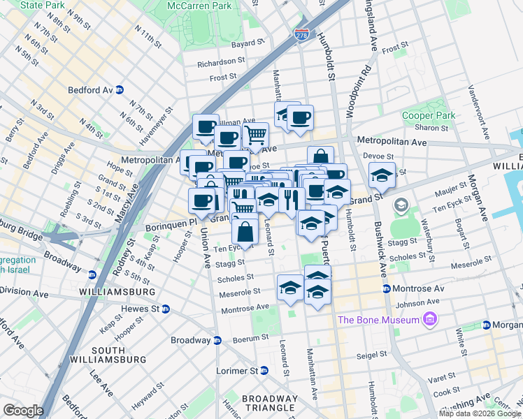 map of restaurants, bars, coffee shops, grocery stores, and more near in Brooklyn