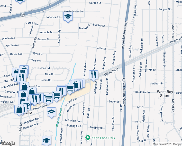 map of restaurants, bars, coffee shops, grocery stores, and more near 1210 Minerva Avenue in West Islip