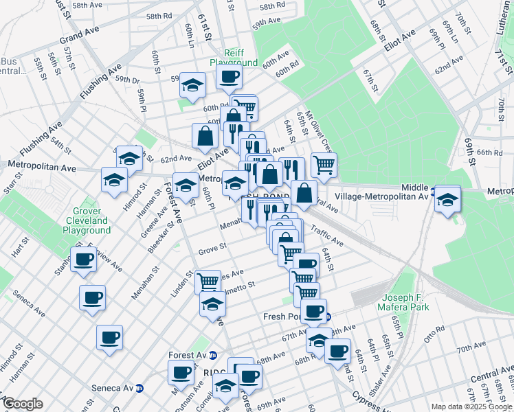 map of restaurants, bars, coffee shops, grocery stores, and more near 63-10 Fresh Pond Road in Queens