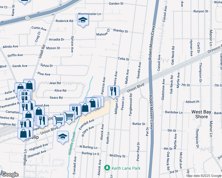 map of restaurants, bars, coffee shops, grocery stores, and more near 1210 Minerva Ave in West Islip
