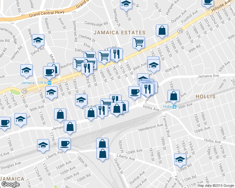 map of restaurants, bars, coffee shops, grocery stores, and more near 90-14 186th Street in Queens