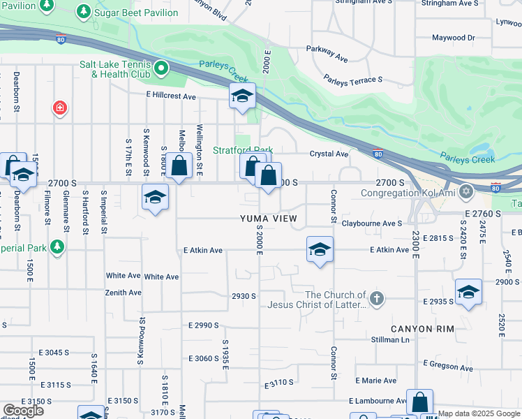 map of restaurants, bars, coffee shops, grocery stores, and more near 2755 South 2000 East in Salt Lake City