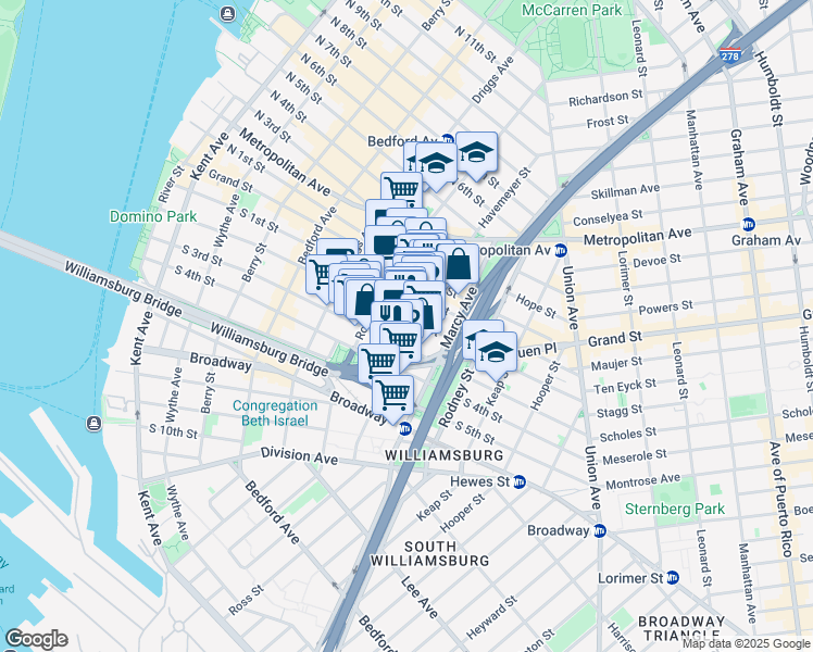 map of restaurants, bars, coffee shops, grocery stores, and more near 160 Havemeyer Street in Brooklyn