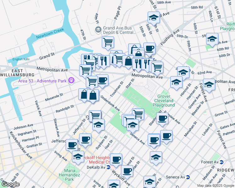 map of restaurants, bars, coffee shops, grocery stores, and more near 715 Woodward Avenue in Queens