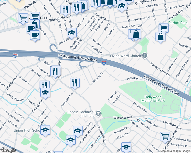 map of restaurants, bars, coffee shops, grocery stores, and more near 2256 Fern Terrace in Union