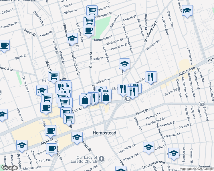 map of restaurants, bars, coffee shops, grocery stores, and more near 71 Robson Place in Hempstead