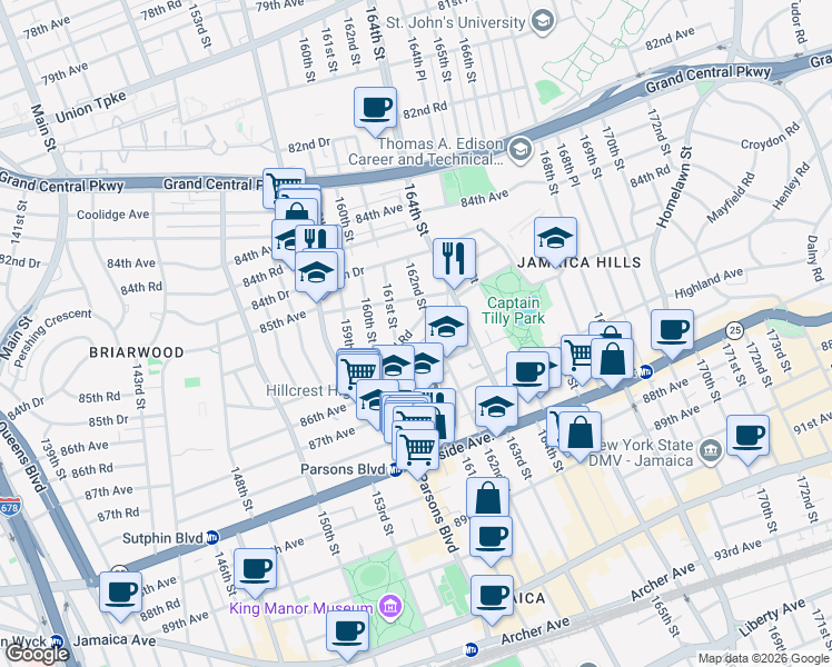 map of restaurants, bars, coffee shops, grocery stores, and more near 161-8 Normal Road in Queens