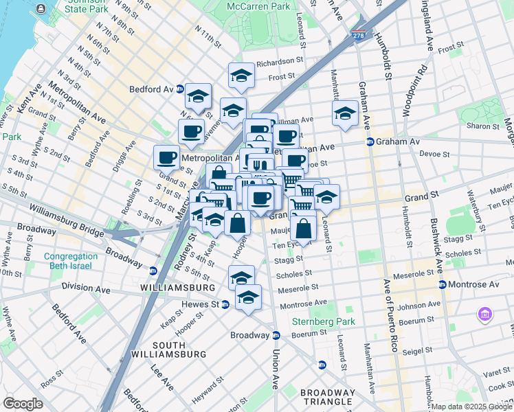 map of restaurants, bars, coffee shops, grocery stores, and more near 371 Union Avenue in Brooklyn