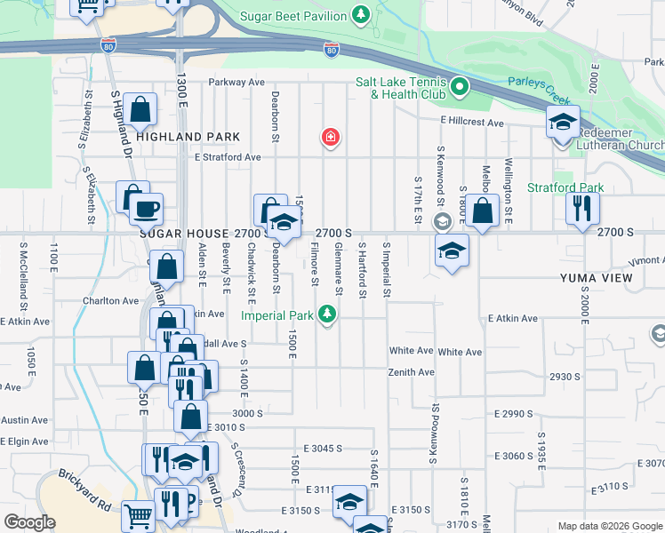 map of restaurants, bars, coffee shops, grocery stores, and more near 2752 Glenmare Street in Salt Lake City