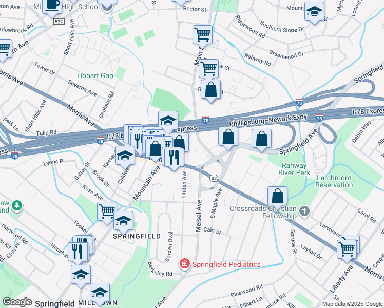 map of restaurants, bars, coffee shops, grocery stores, and more near 20 Black's Lane in Springfield