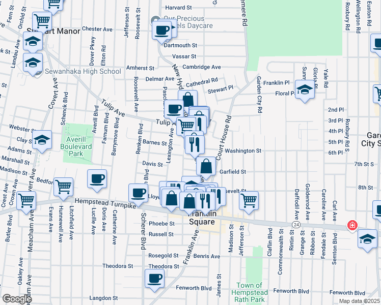 map of restaurants, bars, coffee shops, grocery stores, and more near 149 New Hyde Park Road in Franklin Square