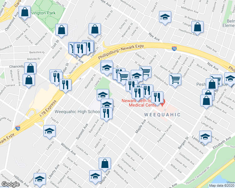 map of restaurants, bars, coffee shops, grocery stores, and more near 300 Weequahic Avenue in Newark