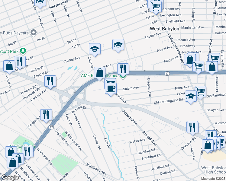 map of restaurants, bars, coffee shops, grocery stores, and more near Golding Avenue & Salem Avenue in West Babylon