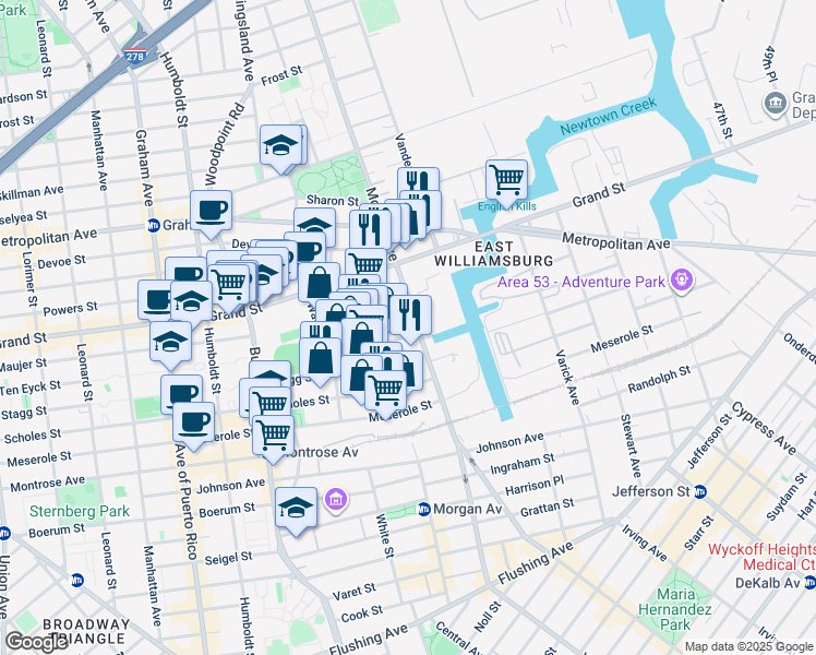 map of restaurants, bars, coffee shops, grocery stores, and more near 55 Meadow Street in Brooklyn