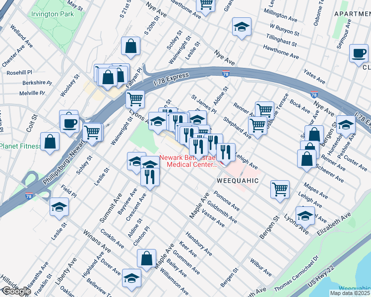 map of restaurants, bars, coffee shops, grocery stores, and more near 284 Lyons Avenue in Newark