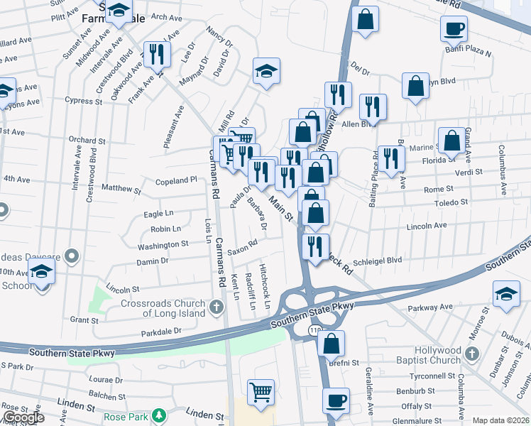map of restaurants, bars, coffee shops, grocery stores, and more near 15 Barbara Drive in Farmingdale
