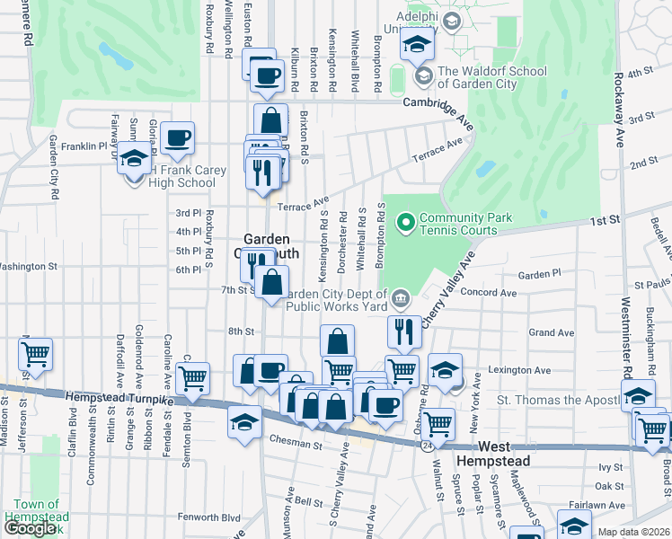 map of restaurants, bars, coffee shops, grocery stores, and more near 181 Dorchester Road in Garden City