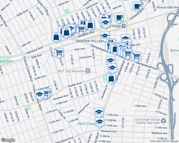 map of restaurants, bars, coffee shops, grocery stores, and more near 216-03 106th Avenue in Queens