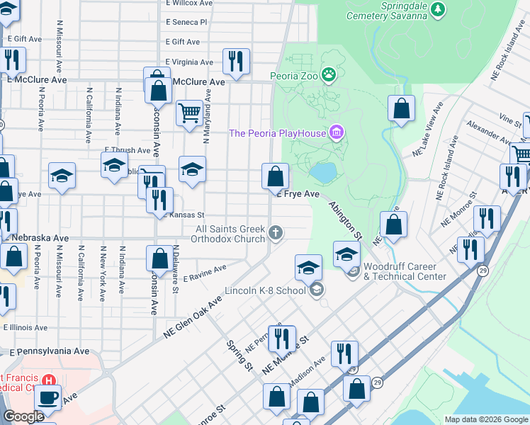 map of restaurants, bars, coffee shops, grocery stores, and more near 1309 East Hillcrest Place in Peoria