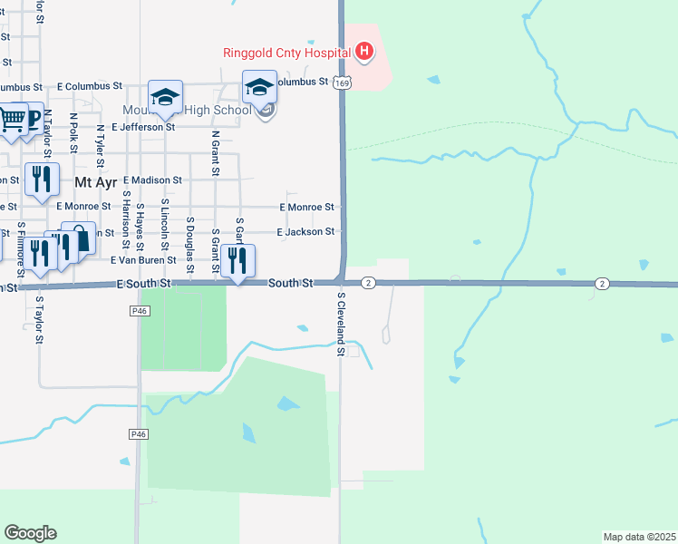 map of restaurants, bars, coffee shops, grocery stores, and more near 301 North Cleveland Street in Mount Ayr