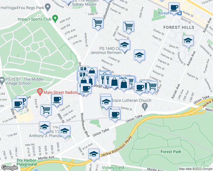 map of restaurants, bars, coffee shops, grocery stores, and more near 8807 69th Avenue in Queens