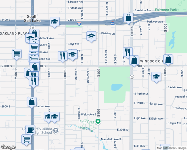 map of restaurants, bars, coffee shops, grocery stores, and more near 2747 Adams Street East in South Salt Lake