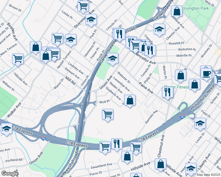 map of restaurants, bars, coffee shops, grocery stores, and more near 74 Quabeck Avenue in Irvington