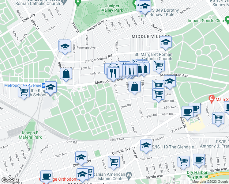 map of restaurants, bars, coffee shops, grocery stores, and more near 67-42 73rd Place in Queens