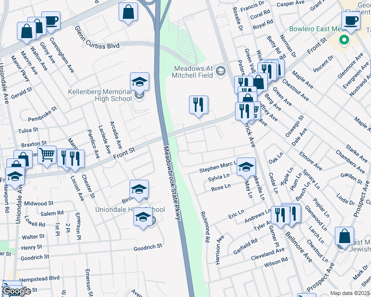 map of restaurants, bars, coffee shops, grocery stores, and more near 50 Mitchell Avenue in East Meadow