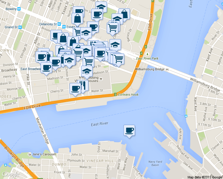 map of restaurants, bars, coffee shops, grocery stores, and more near 1210 Water Street in New York