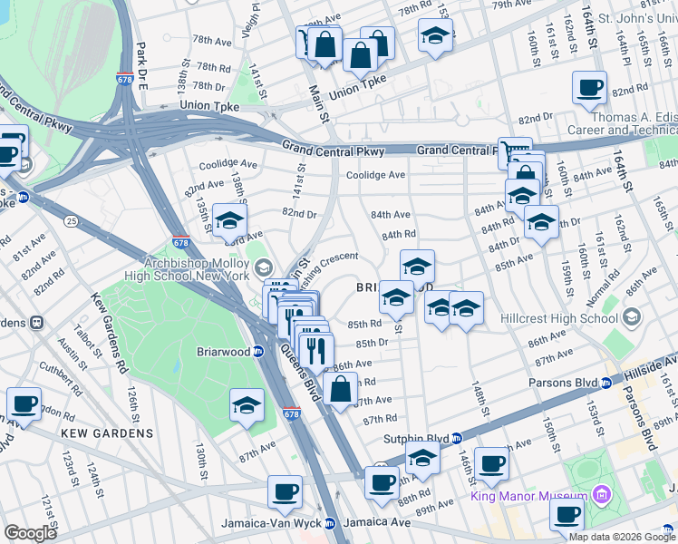 map of restaurants, bars, coffee shops, grocery stores, and more near 140-69 Burden Crescent in Queens