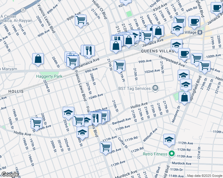 map of restaurants, bars, coffee shops, grocery stores, and more near 100-63 210th Street in Queens