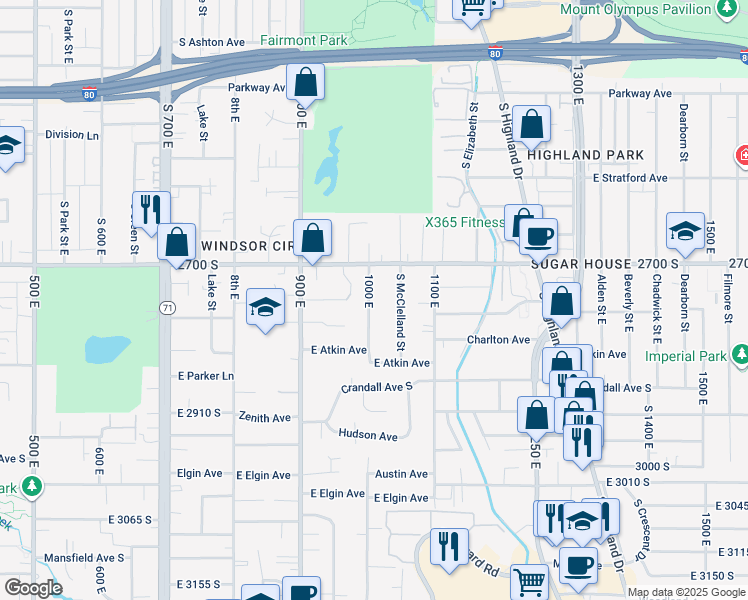 map of restaurants, bars, coffee shops, grocery stores, and more near 2747 South 1000 East in Salt Lake City