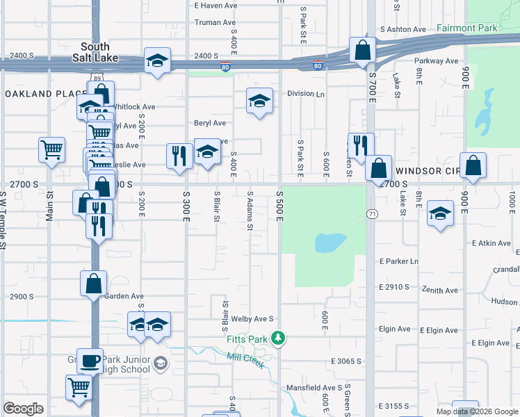 map of restaurants, bars, coffee shops, grocery stores, and more near 2747 Adams Street East in South Salt Lake