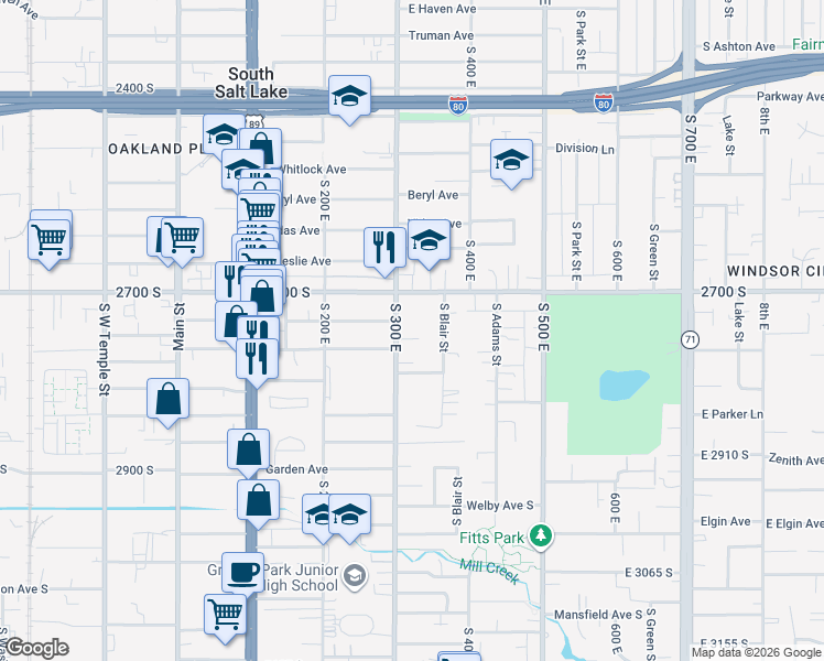 map of restaurants, bars, coffee shops, grocery stores, and more near 2757 South 300 East in South Salt Lake