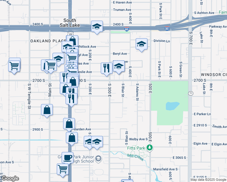 map of restaurants, bars, coffee shops, grocery stores, and more near 2757 South 300 East in South Salt Lake