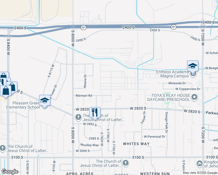map of restaurants, bars, coffee shops, grocery stores, and more near 7846 West 2820 South in Magna