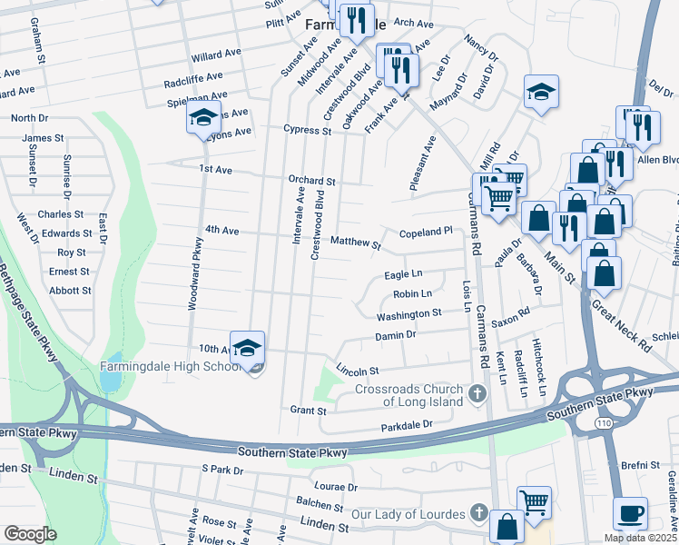 map of restaurants, bars, coffee shops, grocery stores, and more near 11 Rita Place in Farmingdale