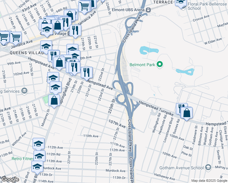 map of restaurants, bars, coffee shops, grocery stores, and more near 223-46 Hempstead Avenue in Queens