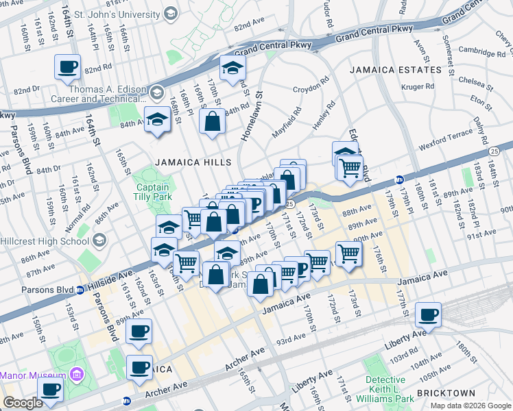 map of restaurants, bars, coffee shops, grocery stores, and more near 170-10 Cedarcroft Road in Queens