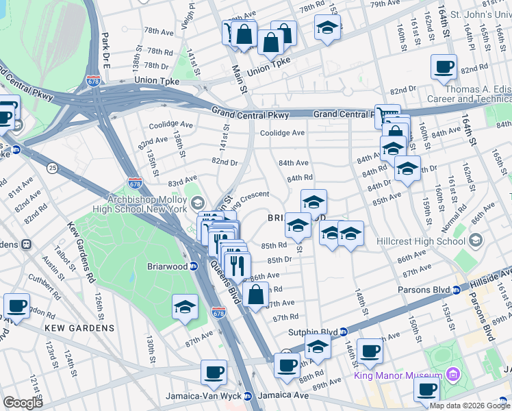 map of restaurants, bars, coffee shops, grocery stores, and more near 140-69 Burden Crescent in Queens